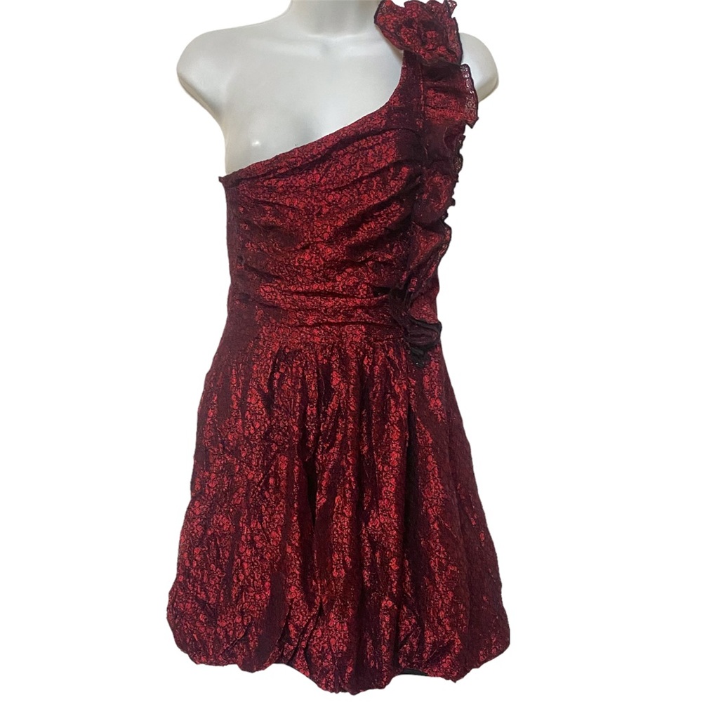 Y2K Red Vampy Metallic One Shoulder Ruffle Dress
